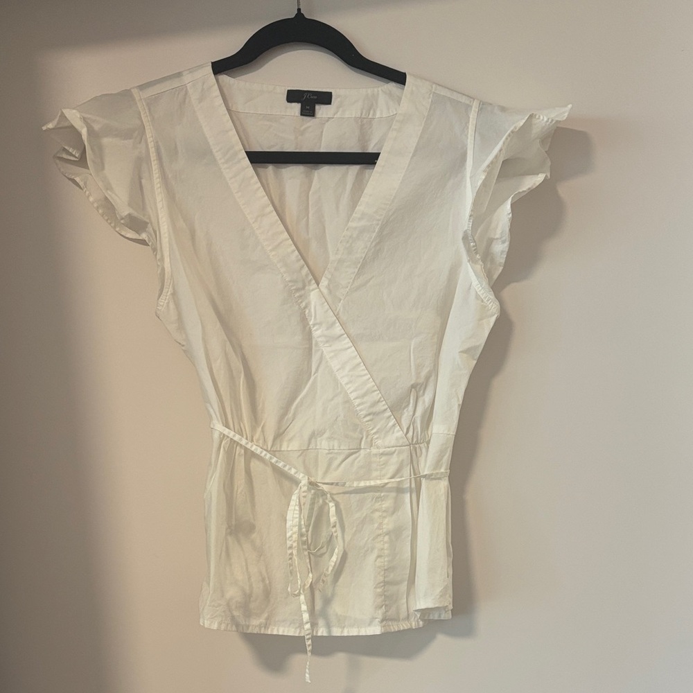 J. Crew WhiteWrap Blouse with Ruffle Sleeves